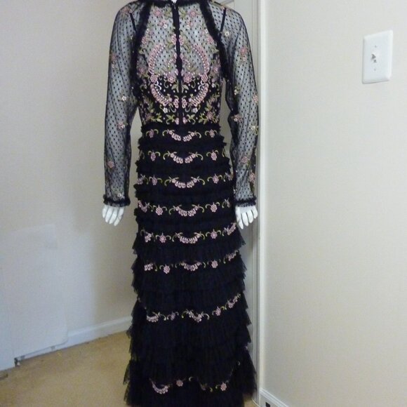 Mac Duggal 8030 Polka Dot Long Sleeve Floral Ruffle Tired Gown - Picture 12 of 12